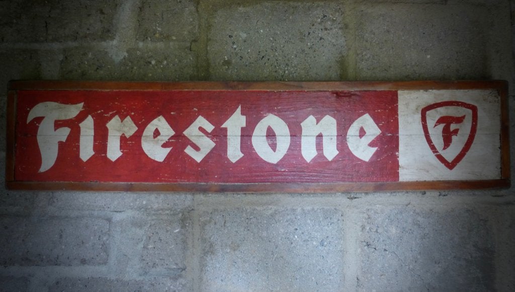 Handgeschilderd vintage houten bord / Firestone race banden, Reclamebord, Ophalen of Verzenden, B6, Dj.kammeraat@telfort.nl