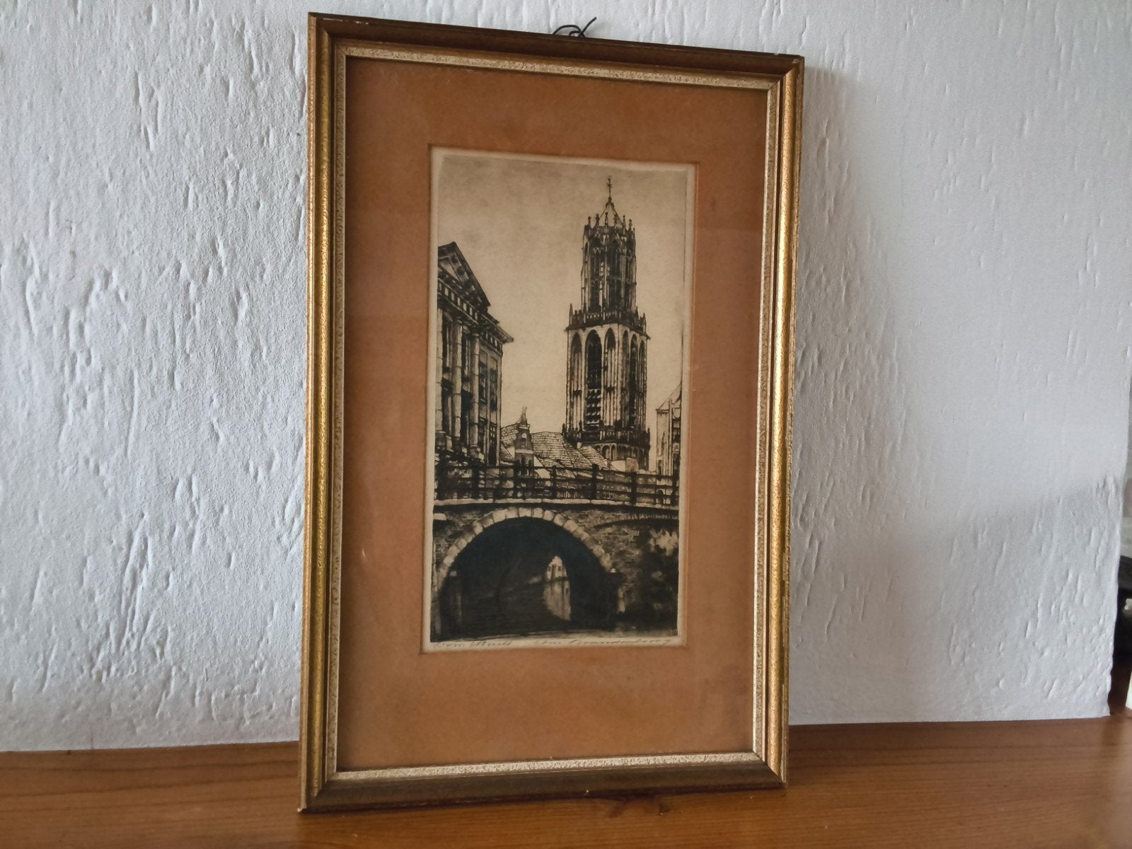 Ets van Domtoren Utrecht met brug en gracht, Ingelijst, Ets, Stadsgezicht, Ophalen of Verzenden