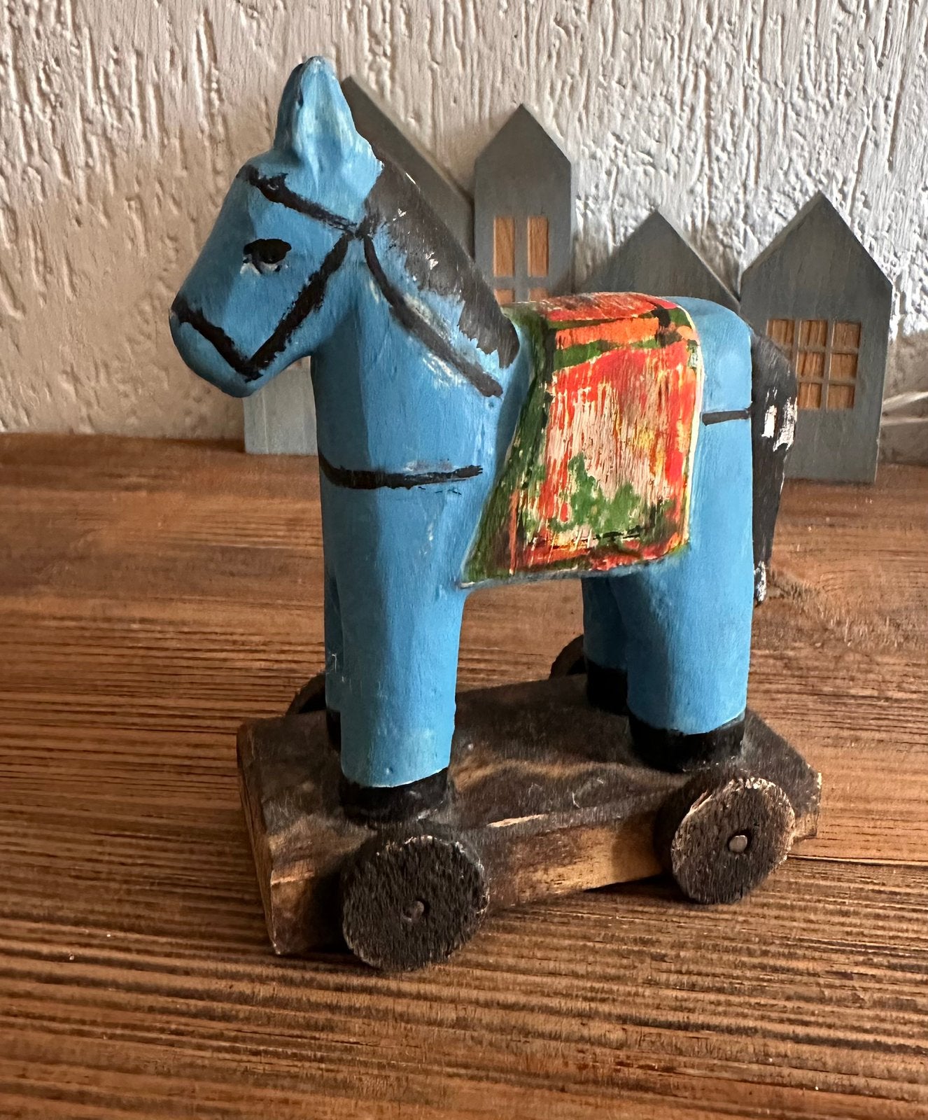 Houten paard retro look blauw, Gebruikt, Blauw, Ophalen of Verzenden, Vintage