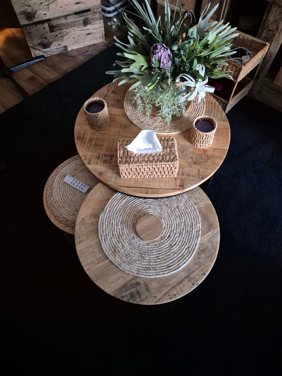 Set van 3 salontafels, mangohout met metaal, Huis en Inrichting, Tafels | Salontafels, 50 tot 100 cm, Rond, Industrieel, Modern