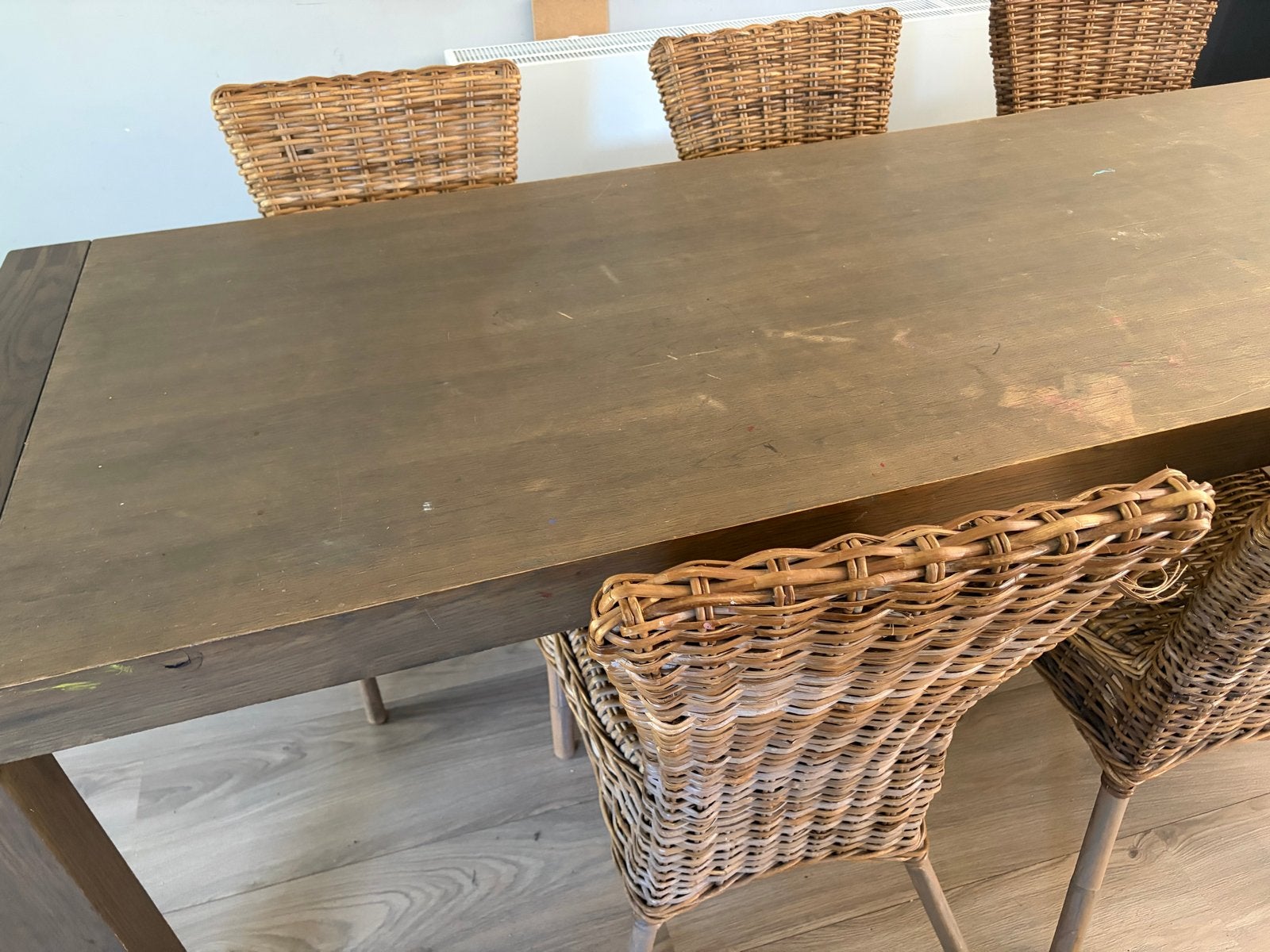 Eettafel met 5 rieten stoelen, Ophalen, Gebruikt, 200 cm of meer, 50 tot 100 cm