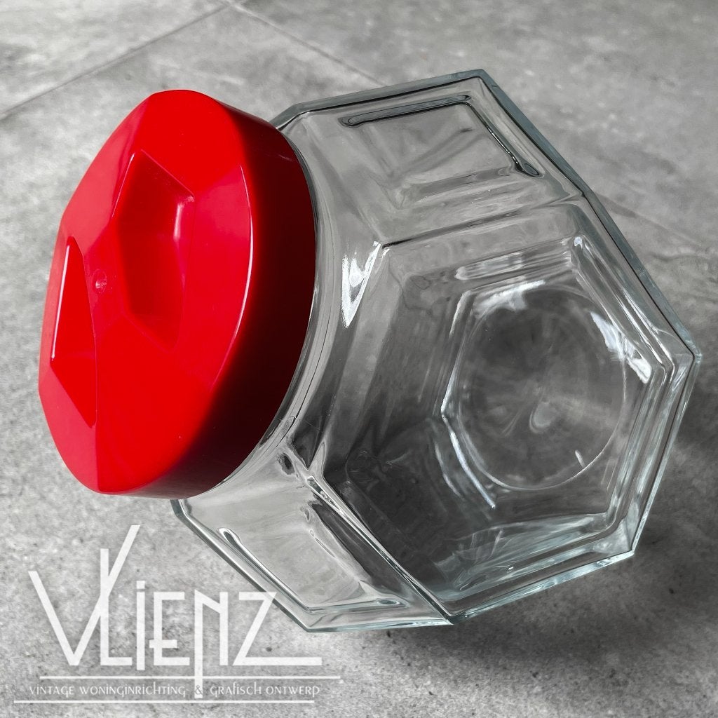 Vintage hexagon Italy snoeppot, koekjespot met rode deksel, Ophalen of Verzenden, Huis en Inrichting