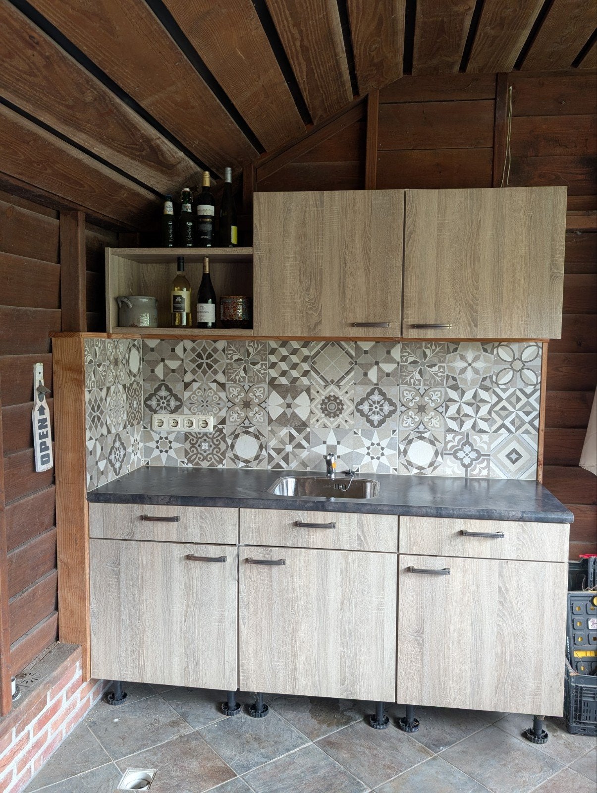 Keukenblok houtlook 180cm met spoelbak en kraan, Ophalen, Wit, Enkelwandige keuken