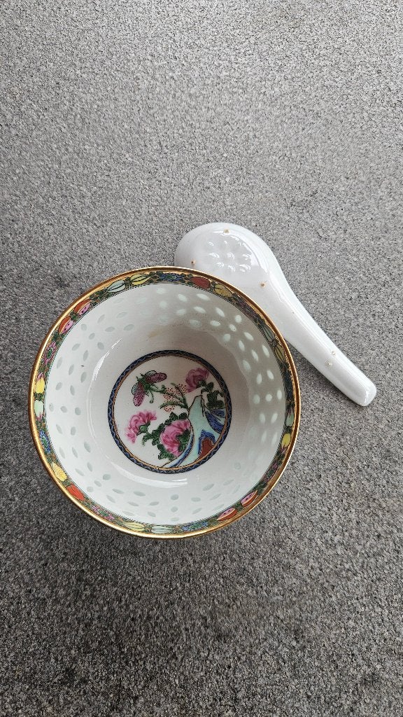 Antieke Chinese rijstkom met lepel - Porselein, Antiek en Kunst, Ophalen of Verzenden