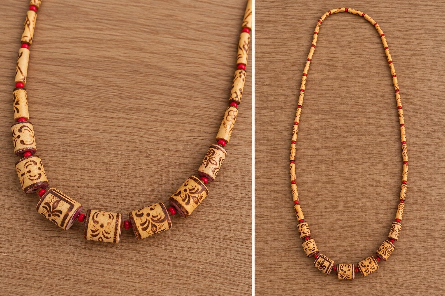 Bohemian ketting met beige bruine kralen en rode accenten, Ophalen of Verzenden, Overige materialen