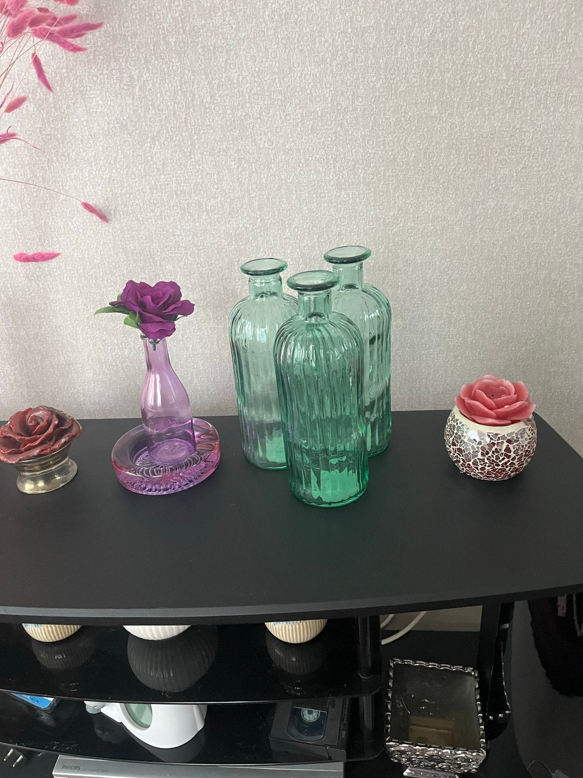 Set van 3 glazen vazen in verschillende tinten groen, Gebruikt, Met patroon/structuur, Ophalen of Verzenden, Glas