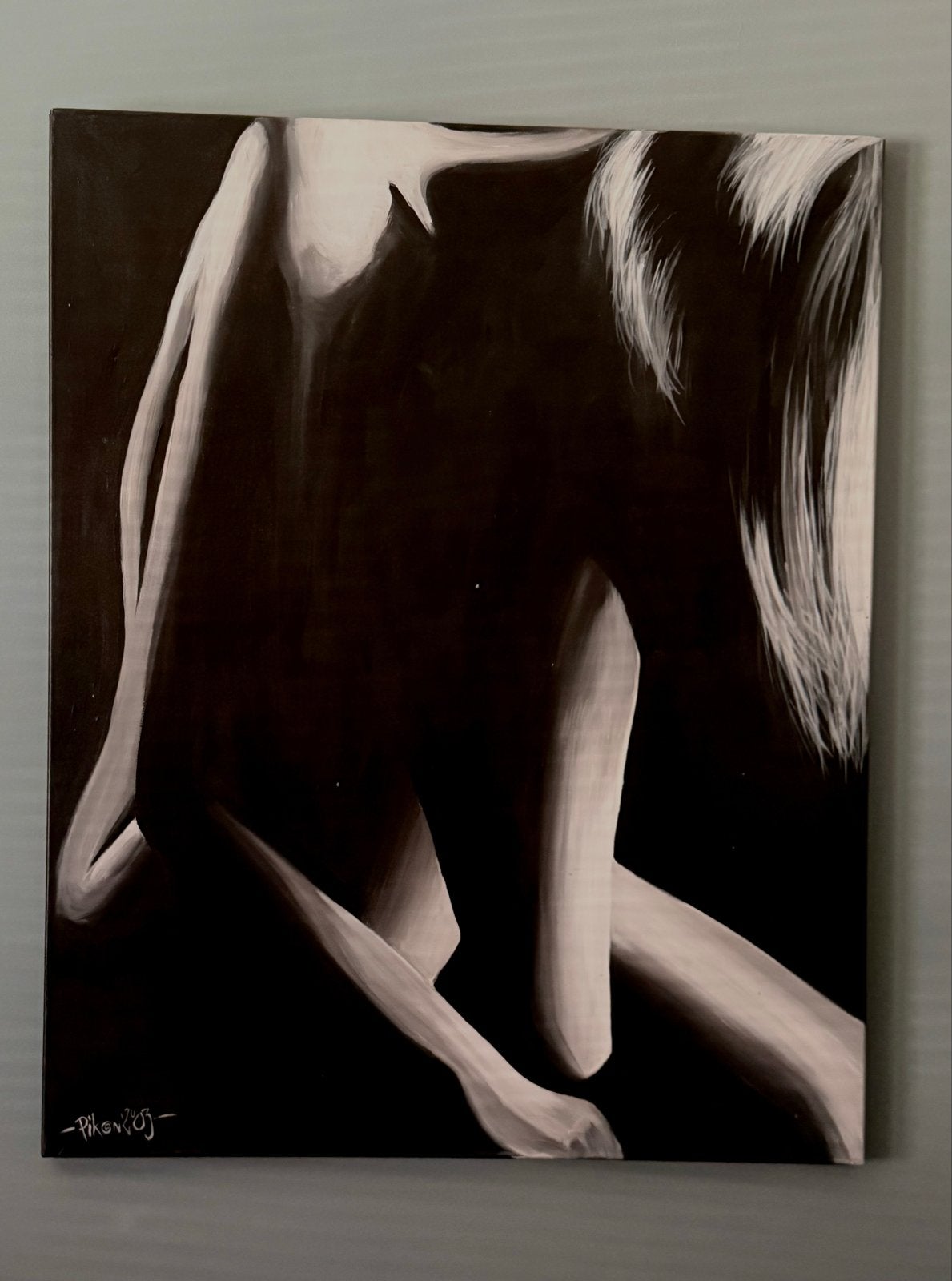 Modern schilderij: Zittende dame  in zwart-wit, Ophalen, Handgeschilderd, Textiel, Figuren