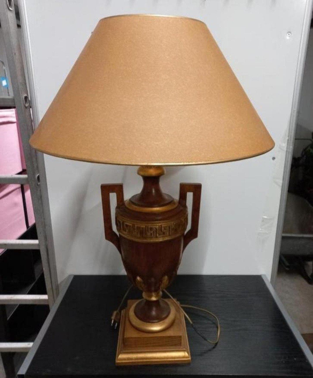 Grote schemerlamp met elegant houten onderstel - 85 cm hoog, Ophalen, Gebruikt, Hout, Bruin