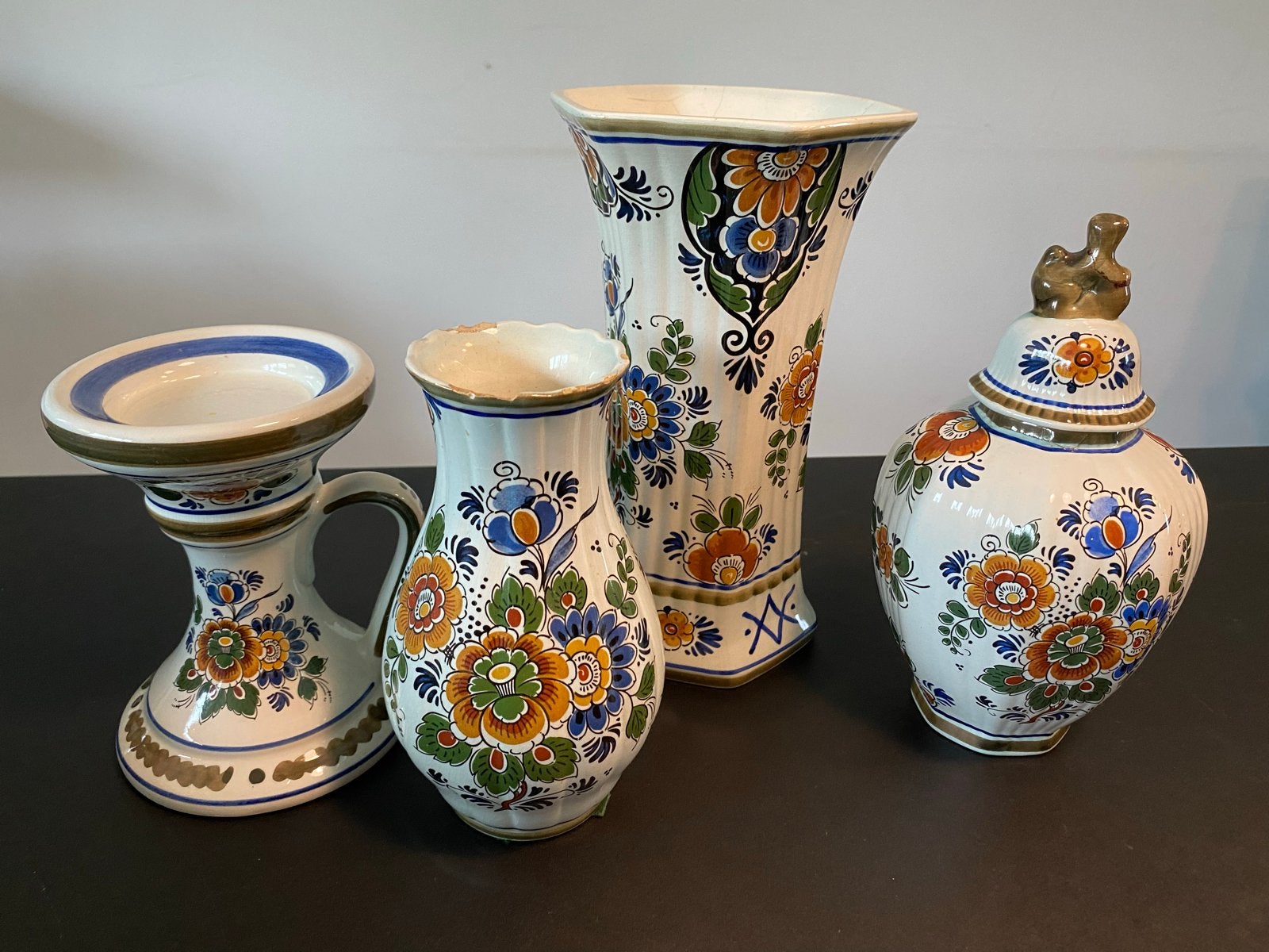 Set van 4 Delft Polychroom Handwerk vazen en pot, Ophalen of Verzenden