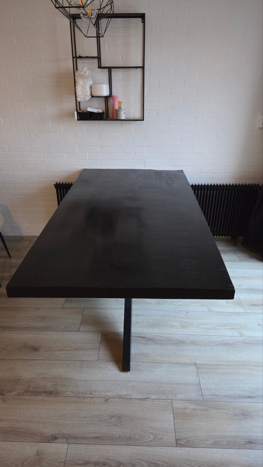 Houten eettafel met stalen poot 200x100 cm, Gebruikt, 200 cm of meer, 50 tot 100 cm, Vijf personen of meer