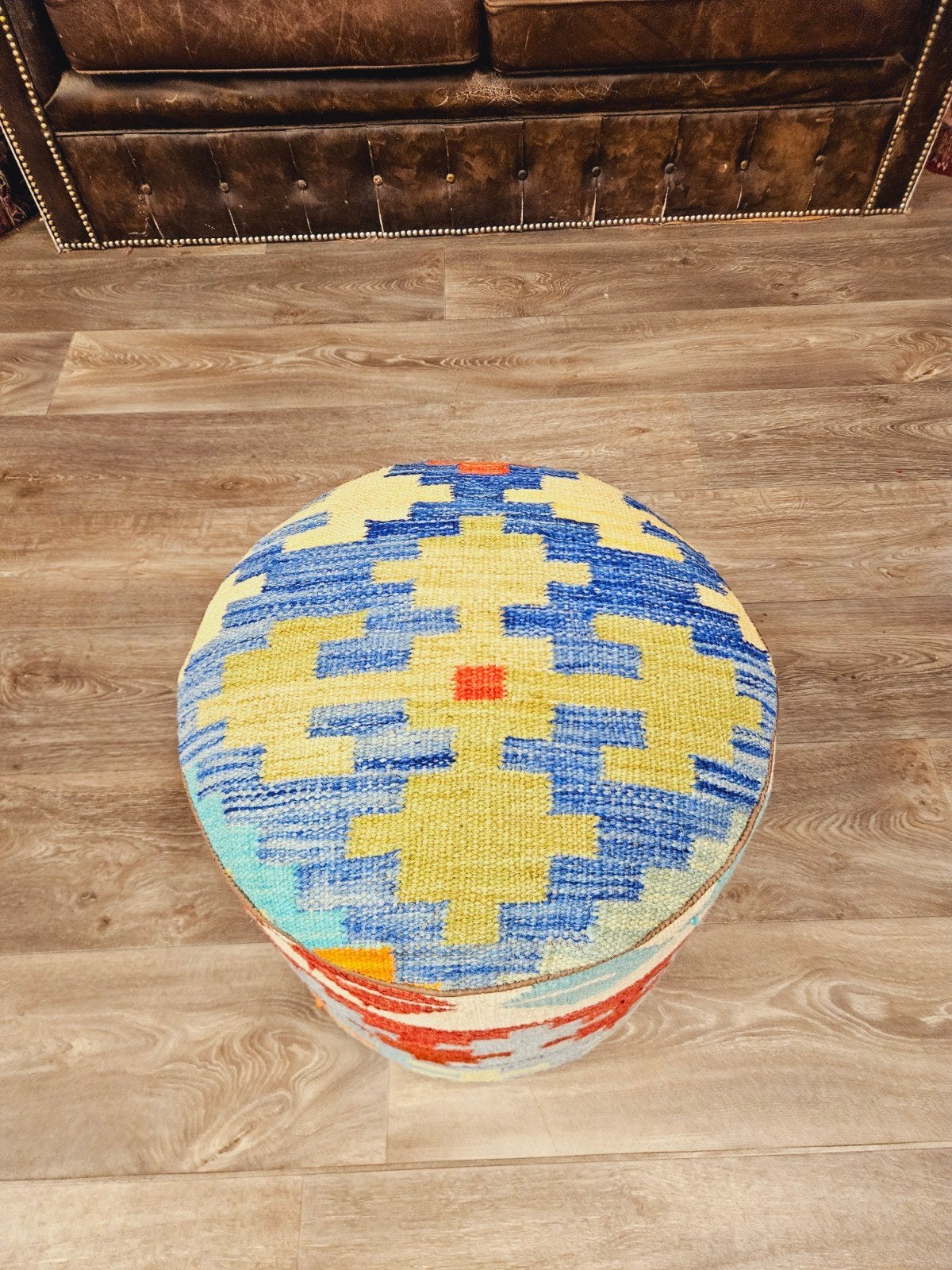 Handgemaakte Afghaanse Kelim poef. Prachtige kleuren!, Afghaans, Minder dan 50 cm, Rond, Nieuw