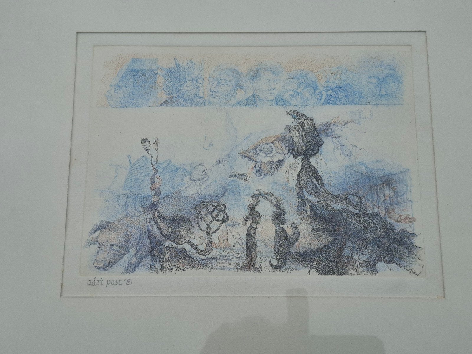 Unieke Koperets/aquarel Adri Post '81 Surrealistische vormen, Ophalen of Verzenden