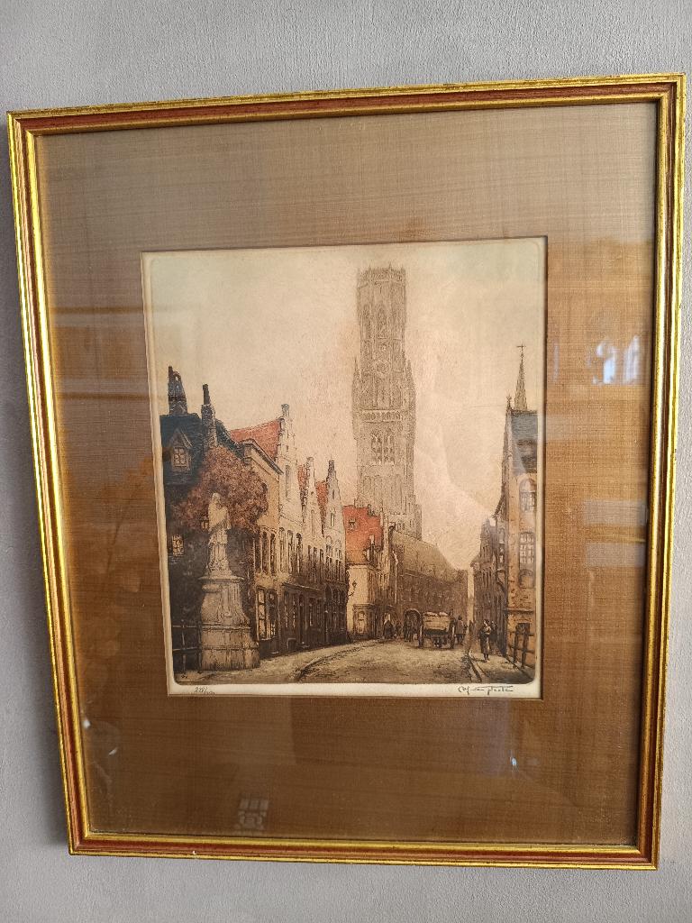 Ets Alfred van Nesten, Ophalen, Stadsgezicht, Ets, Gesigneerd