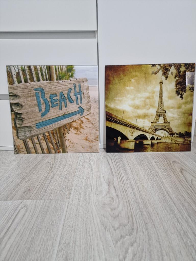 Set van 2 wanddecoraties: Eiffeltoren & Beach (30x30 cm), Ophalen of Verzenden, Zo goed als nieuw, Minder dan 50 cm, Print