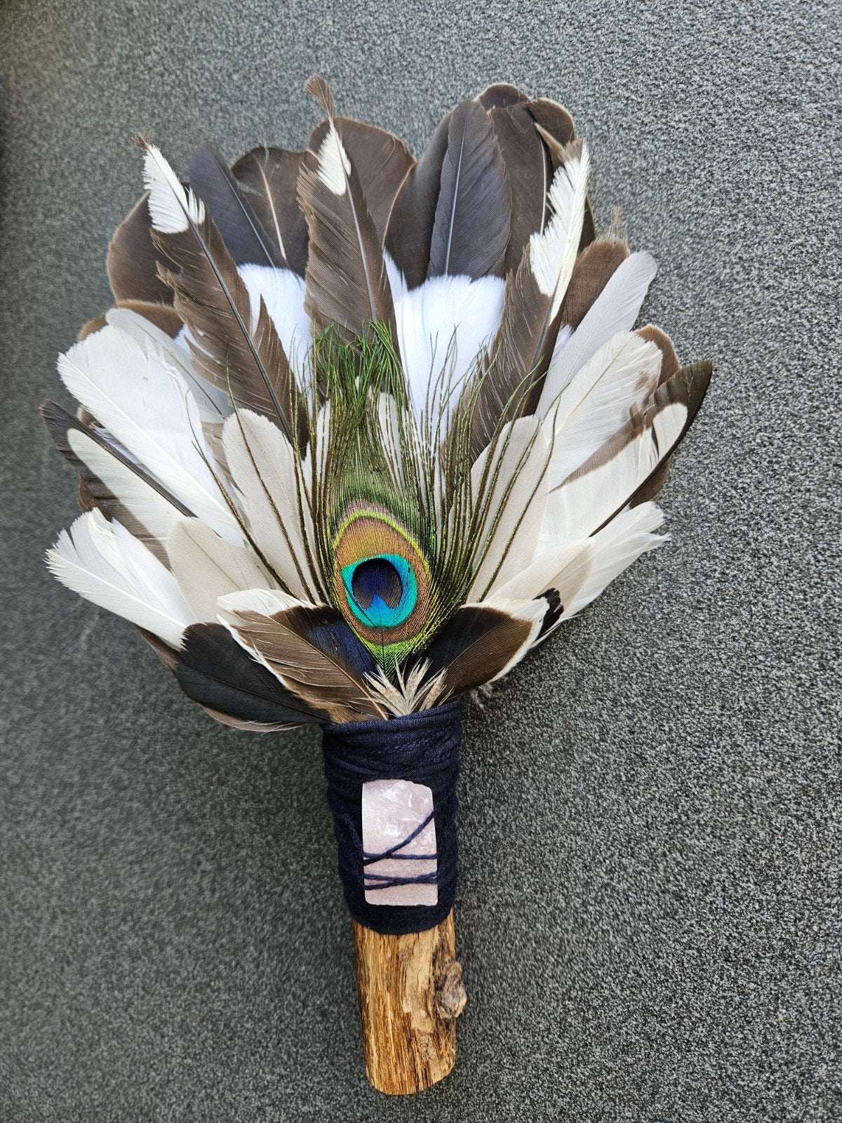 smudge feathers rozenkwarts veren waaier reiki stick pauw, Ophalen of Verzenden