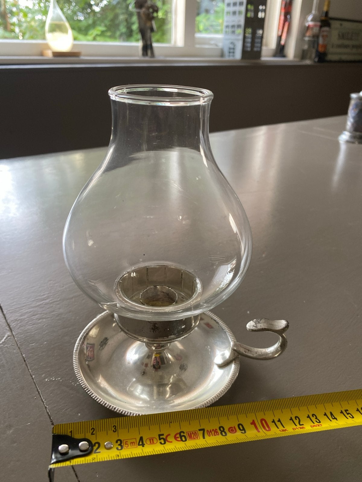 Antieke zilveren kandelaar met glazen kap, Antiek en Kunst, Ophalen, Zilver