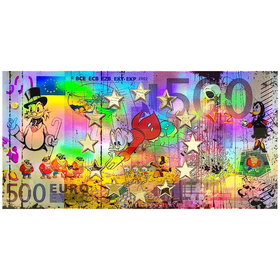 SCROOGE DUCK Van Apple - 500 Euro Pop Art, Ophalen, Giclée, Kunststof, Gelakt/vernis