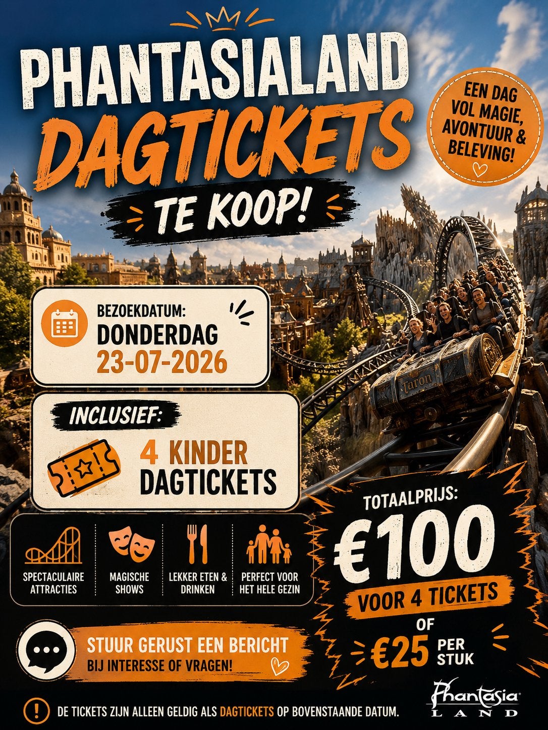 4 tickets Phantasialand, Tickets en Kaartjes, Recreatie | Pretparken en Attractieparken, Drie personen of meer, Ticket of Toegangskaart