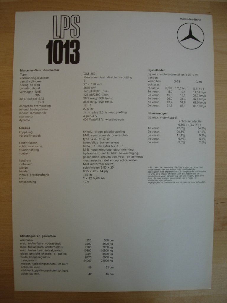 Mercedes 1013 LPS 1968 Specificatie Brochure LPS1013, Zo goed als nieuw, Mercedes-Benz, Mercedes, Ophalen of Verzenden