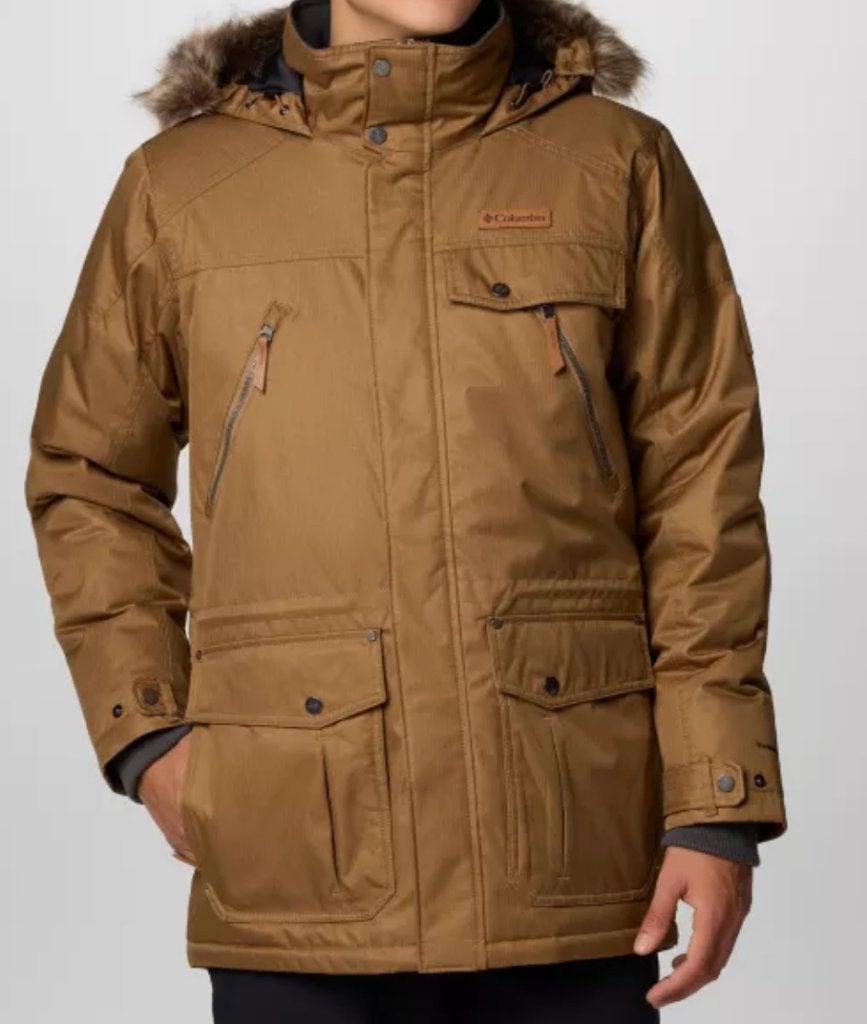 Columbia Winterjas met capuchon en bontkraag, Maat 52/54 (L), Columbia, Bruin, Ophalen of Verzenden