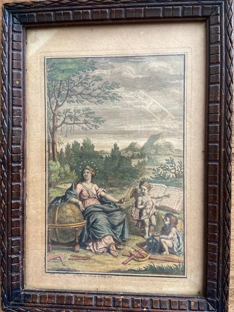 Ingekleurde Gravure Urania door Fopje Fokkema (1721), Handgekleurd, Mythologie, Ophalen of Verzenden, Gravure