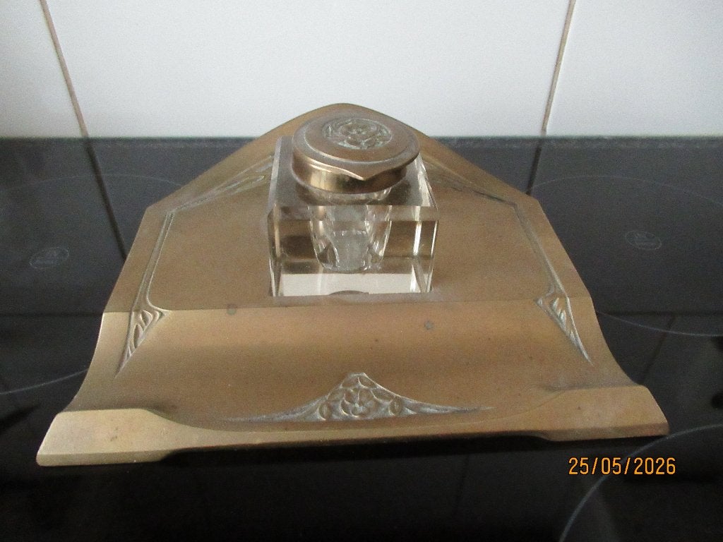 ANTIEKE ART NOUVEAU INKTPOTSET VAN DUITS MESSING/KOPER +GLAS, Antiek en Kunst, Ophalen of Verzenden