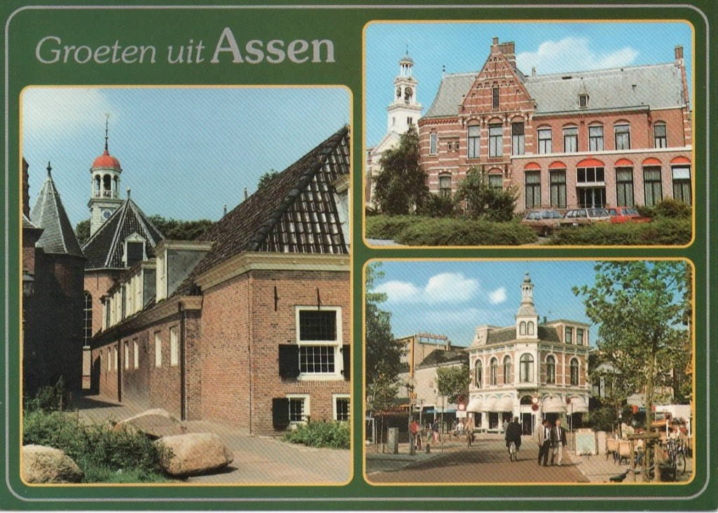 Ansichtkaart Assen, 3-luik, historische gebouwen, Ophalen of Verzenden, 1980 tot heden, Ongelopen, Drenthe