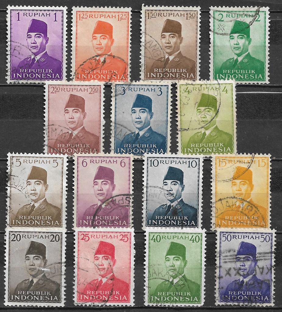 Indonesie 1951 Def serie president Soekarno, Postzegels en Munten, Verzenden, Gestempeld, Zuidoost-Azië