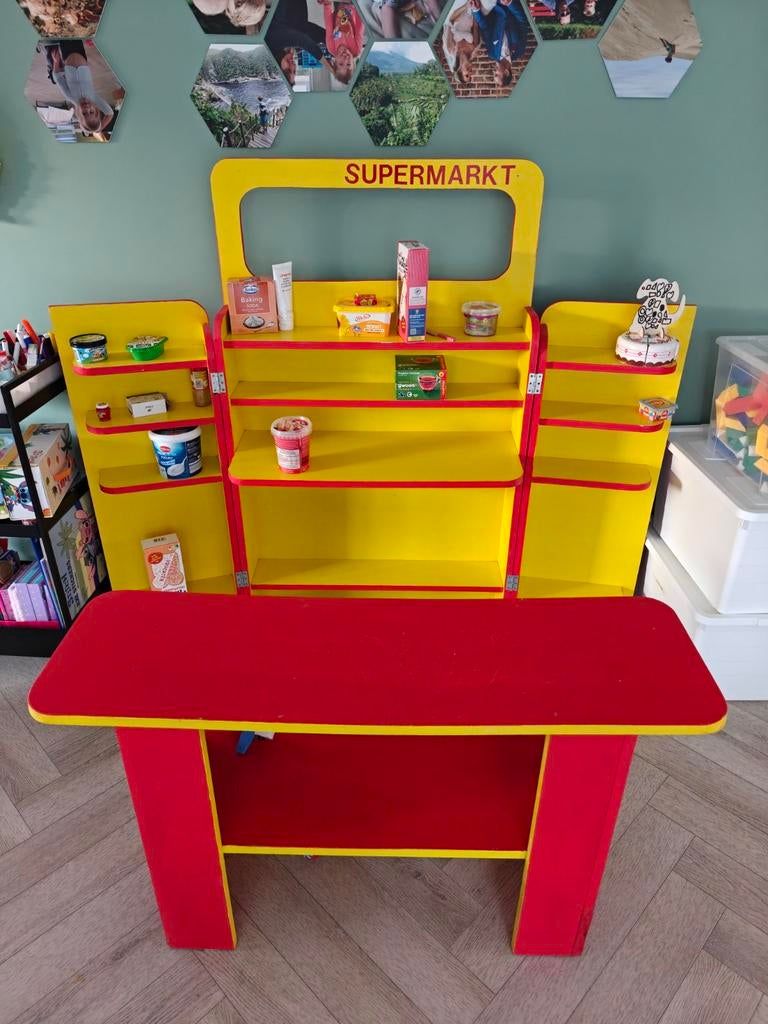 Houten speelsupermarkt met toonbank en winkelwagentje, Ophalen, Gebruikt