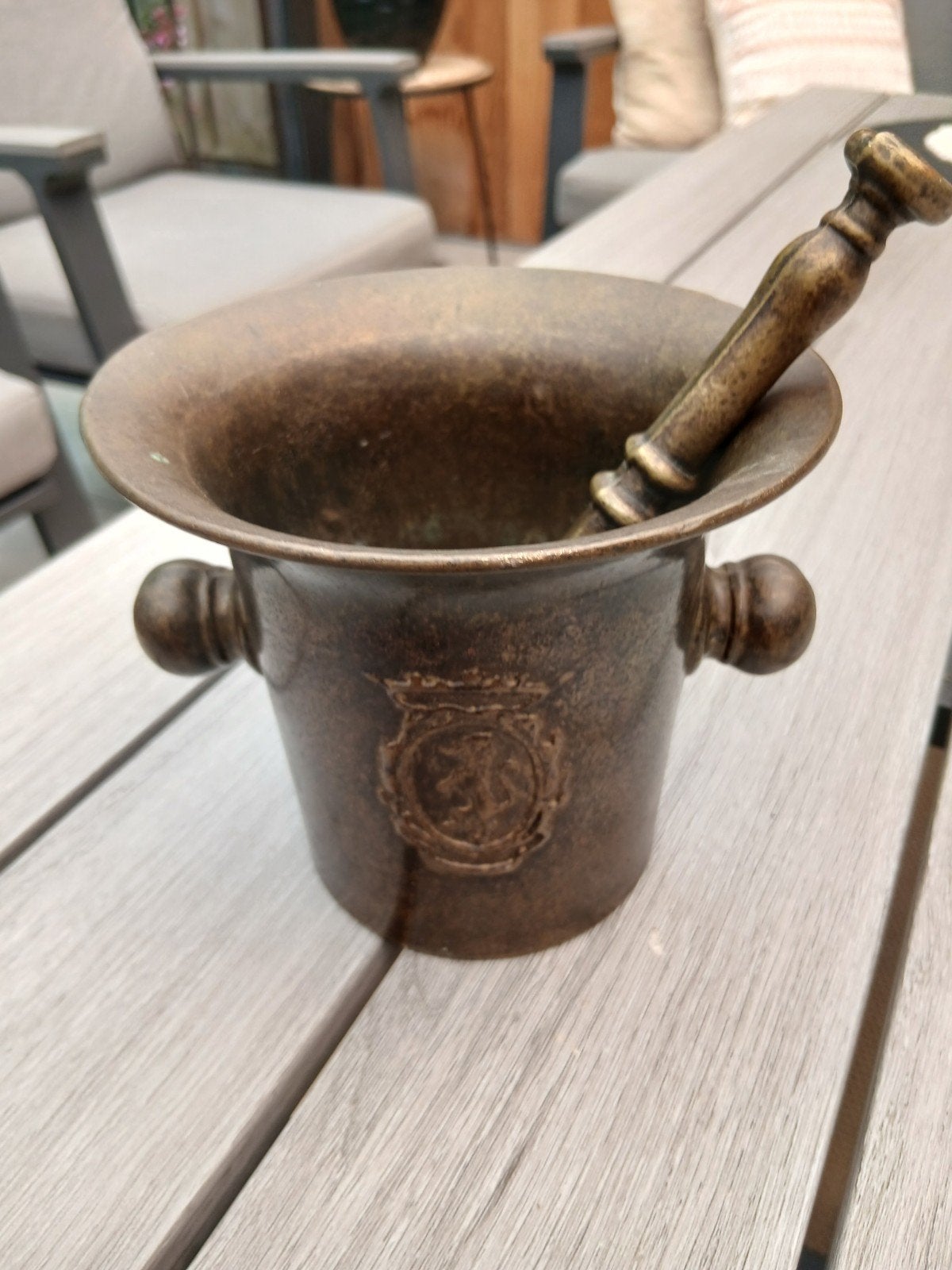 Antieke bronzen vijzel met stamper, Ophalen of Verzenden