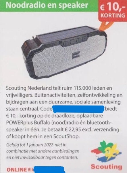 Noodradio en speaker € 10,- kortingslink/code, Eén persoon, Kortingsbon, Warenhuis- of Winkelbon