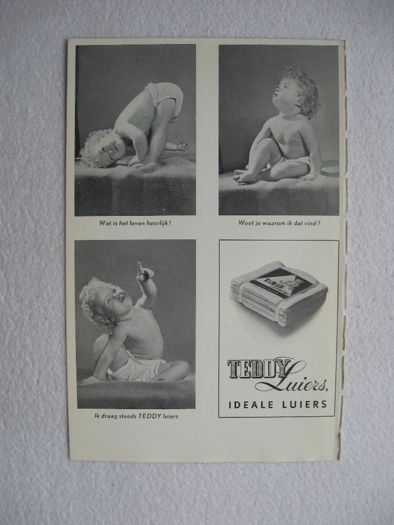 Oude reclame voor TEDDY Luiers, achterzijde foto's A. Romein, Verzenden, Overige typen