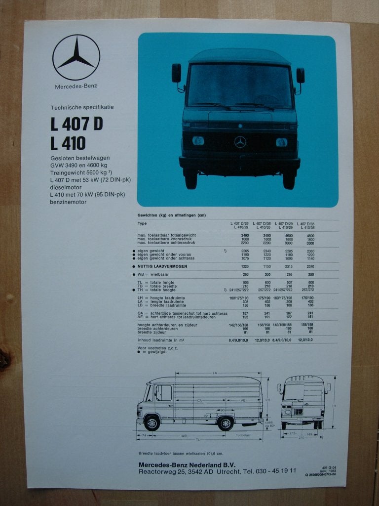 Mercedes 407 410 Technische Specificatie folder 1983 BG 407D, Zo goed als nieuw, Mercedes-Benz, Mercedes, Ophalen of Verzenden