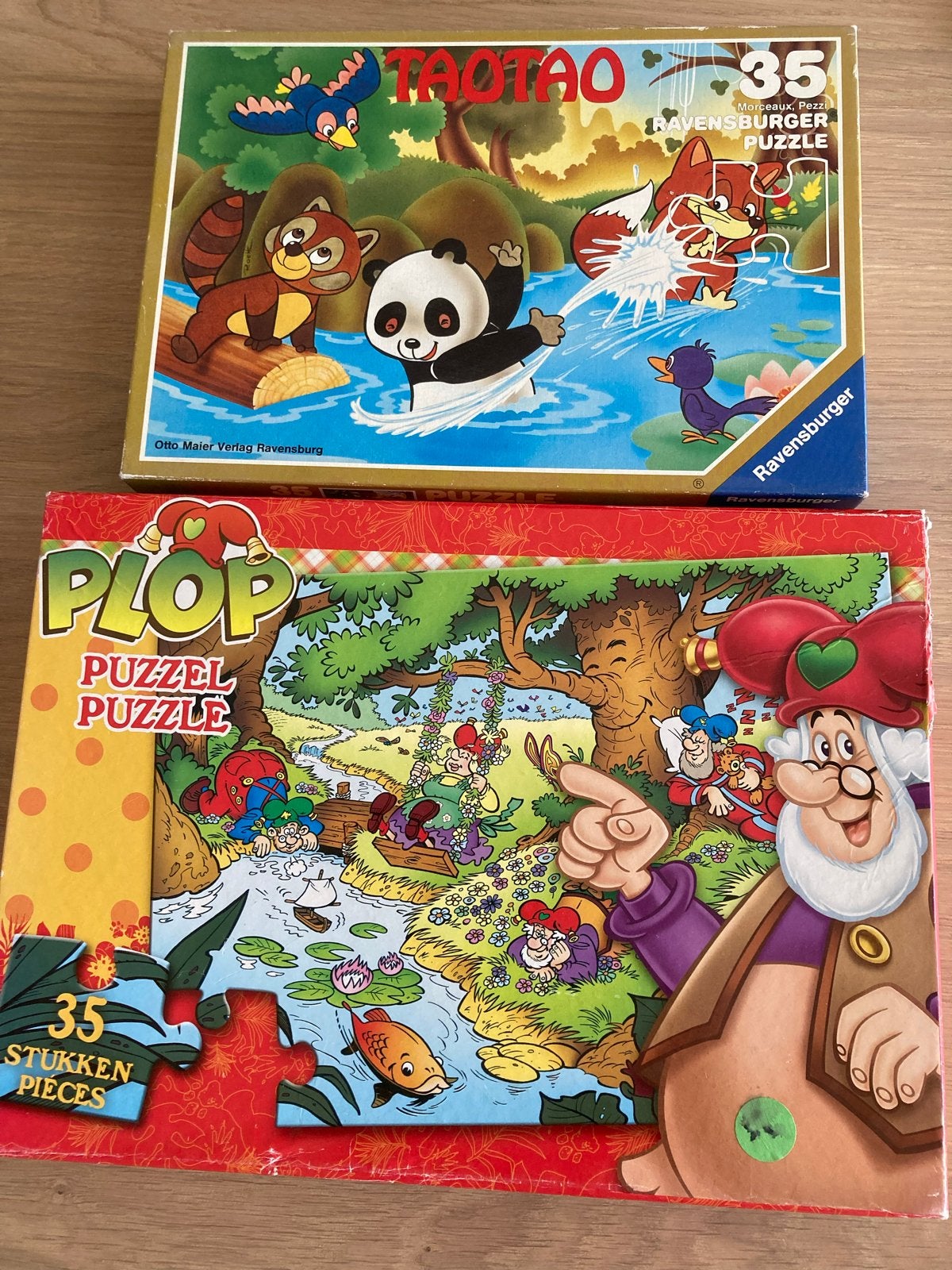 2 leuke puzzels (35 stukjes): Kabouter Plop en TaoTao, Kinderen en Baby's, Ophalen of Verzenden, 10 tot 50 stukjes, Gebruikt, 4 tot 6 jaar
