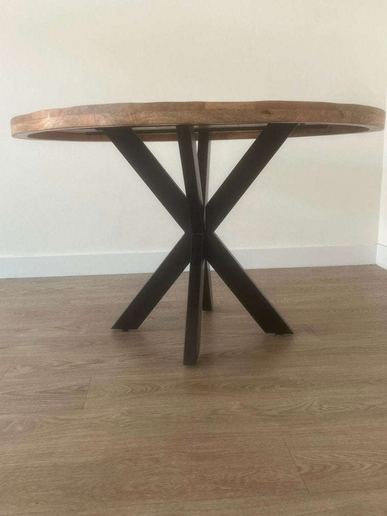 Ronde eettafel 120cm mangohout, Huis en Inrichting, Tafels | Eettafels, Ophalen, Rond, Zo goed als nieuw, Vier personen