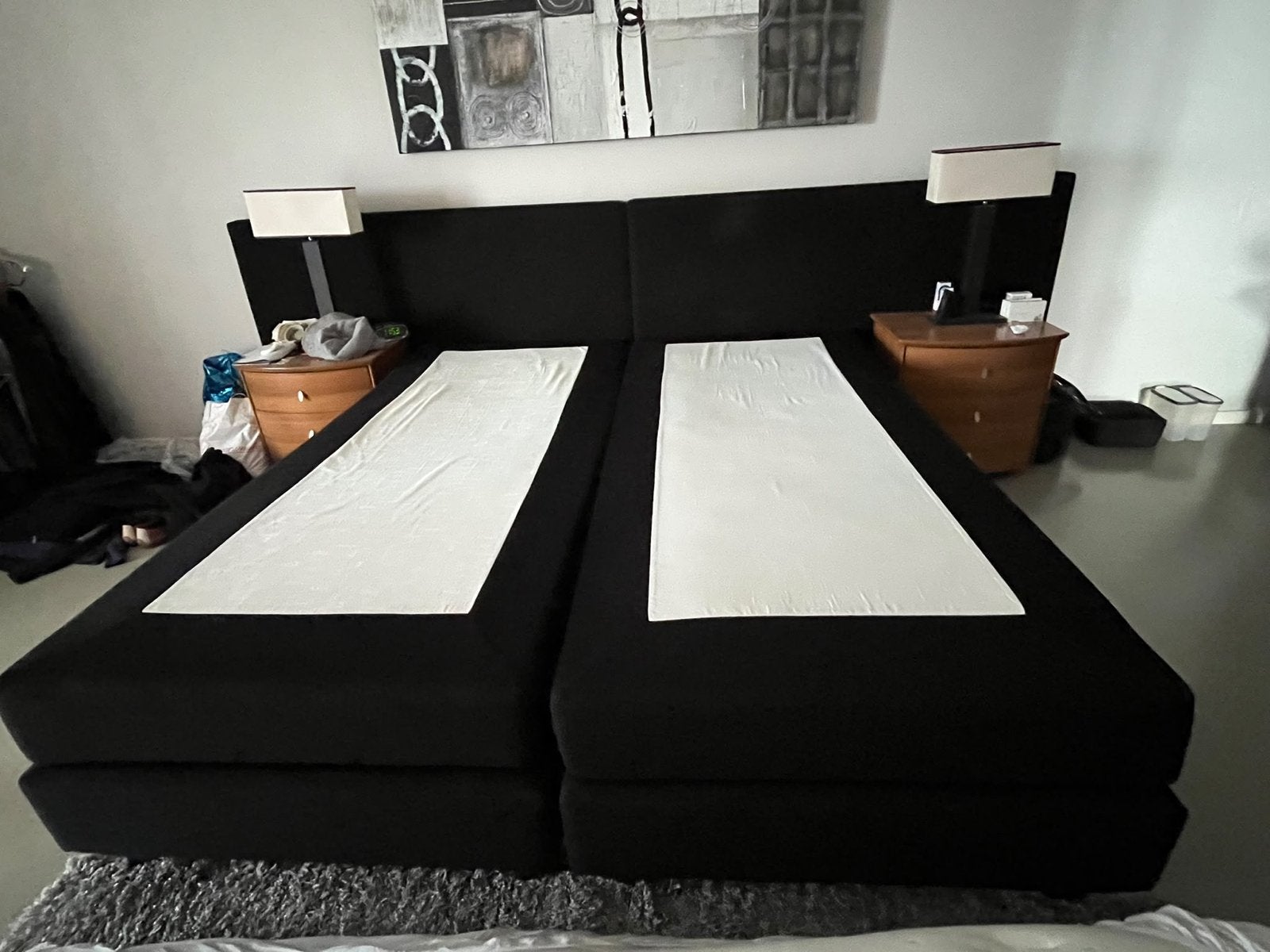 Zwarte boxspring 180 x 200 cm met XXL hoofdbord, Ophalen, Gebruikt, Zwart, Tweepersoons