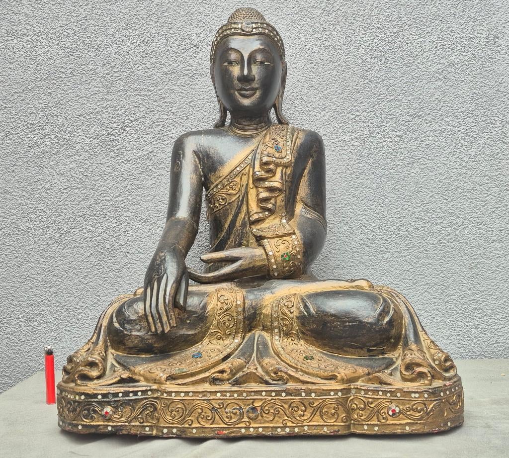 Boeddha hout 56 cm, bladgoud, 11 kg, glassteentjes,+/- 1965, Antiek en Kunst, Ophalen of Verzenden