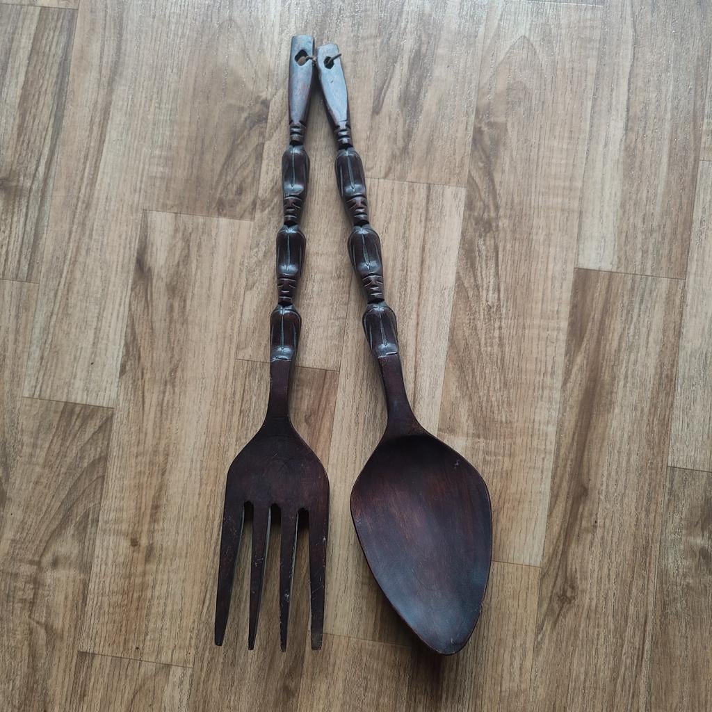 Grote houten lepel en vork, Ophalen, Gebruikt, Hout, Decoratieobject