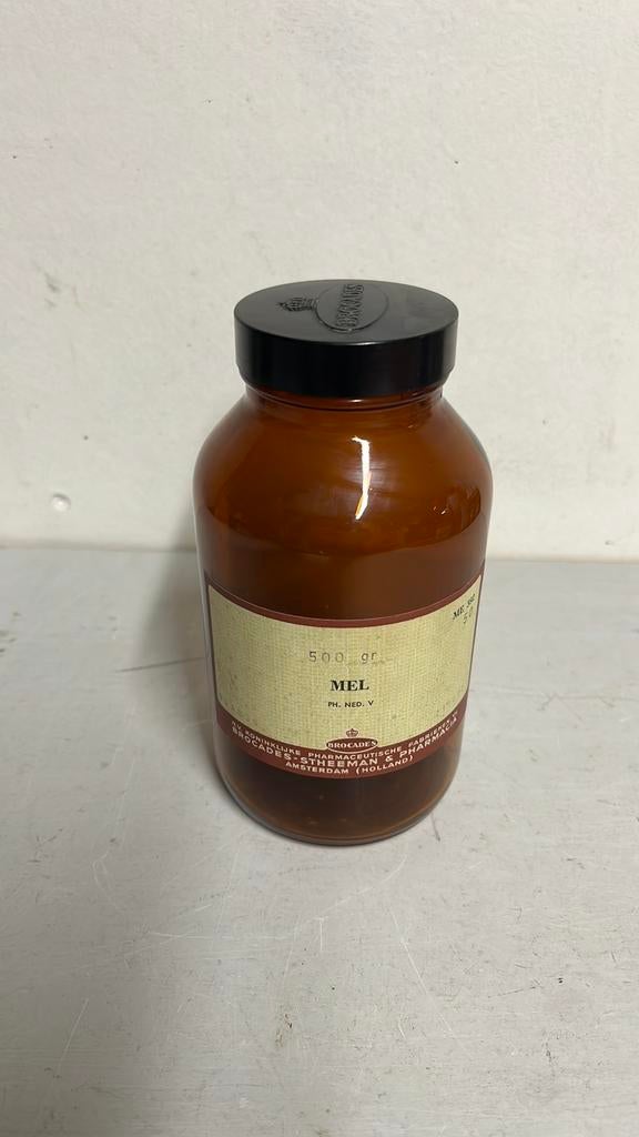 Antieke Apothekersfles van Brocades met het etiket Mel, Ophalen of Verzenden