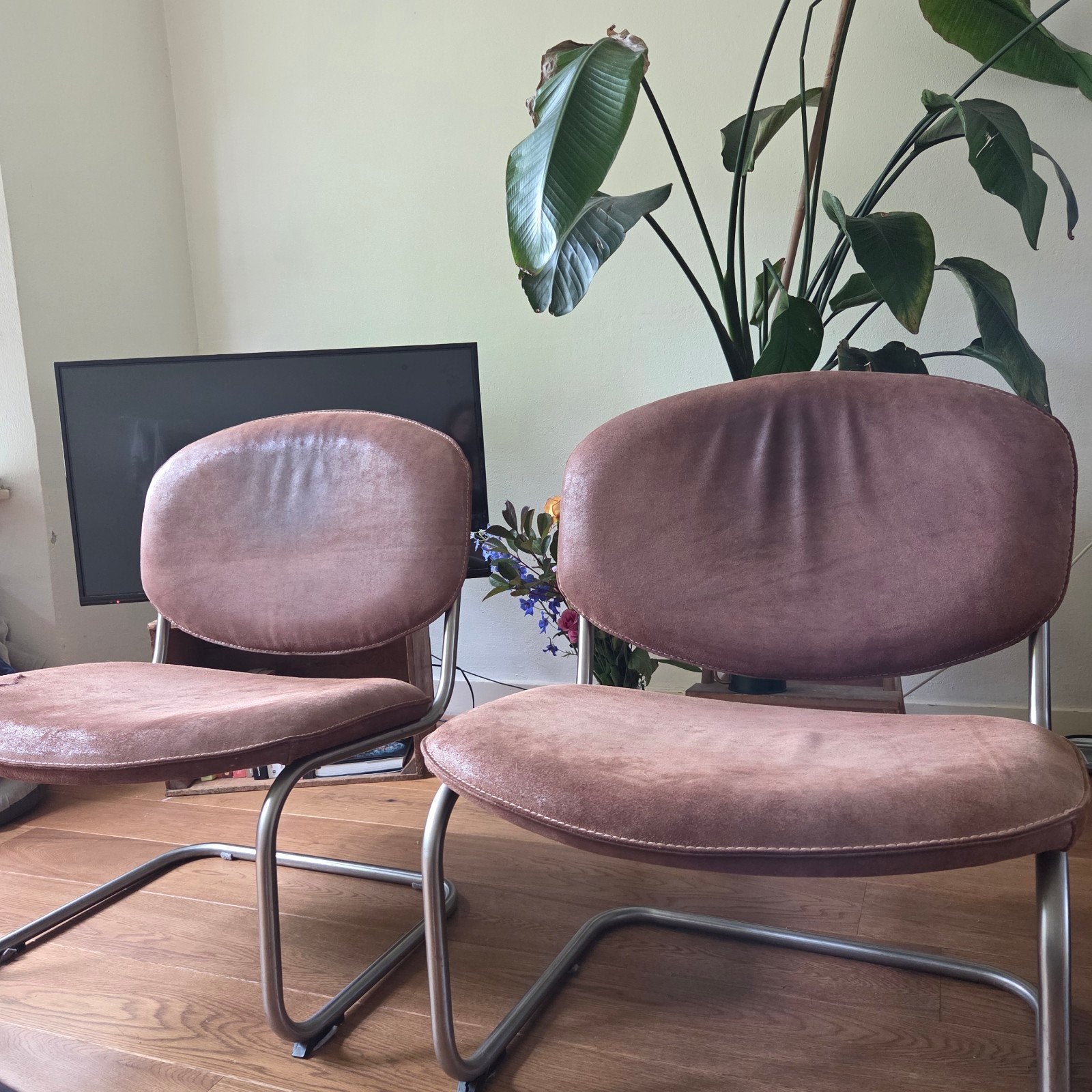 Set Vintage Leren Buisframe Fauteuils, Ophalen, Gebruikt, Twee, Bruin