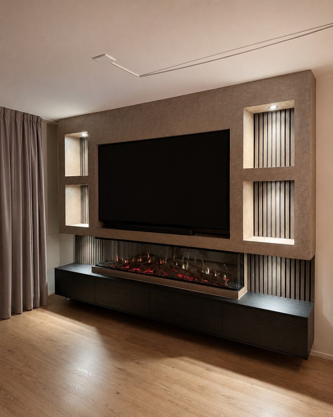 Modern TV-meubel met geïntegreerde sfeerhaard, Overige houtsoorten, Gebruikt, 100 tot 150 cm, Ophalen of Verzenden