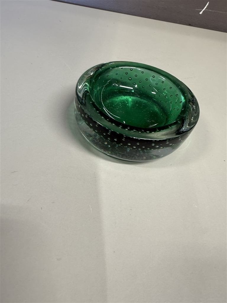 Vintage groene glazen asbak in Murano-stijl met bubbelontwer, Ophalen of Verzenden, Zo goed als nieuw, Sigarenbandjes