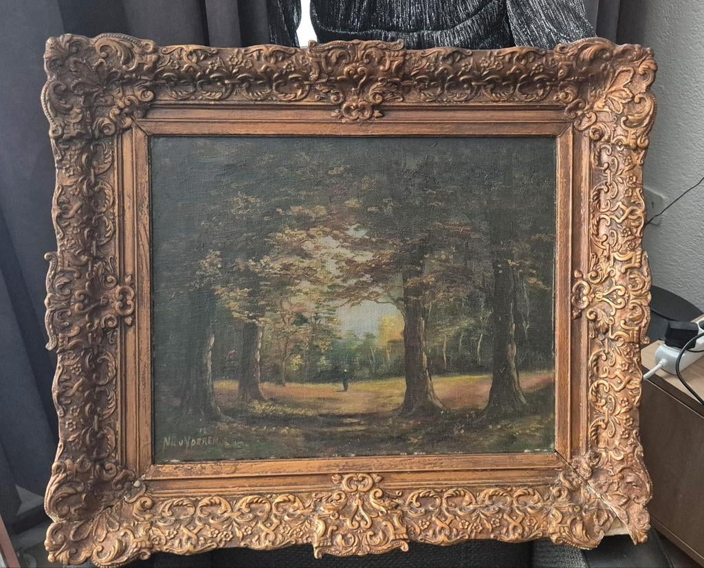 schilderij bosgezicht met lijst 70x60 cm gesigneerd, Antiek en Kunst, Ophalen of Verzenden