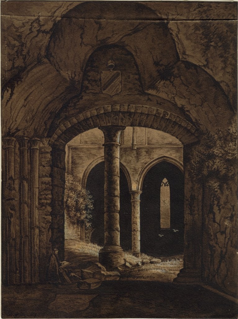 H.G.H. pastel met goache "Zuilen achter Poort", 1830, Antiek en Kunst, Kunst | Tekeningen en Foto's, Ophalen, Tekening, Pasteltekening