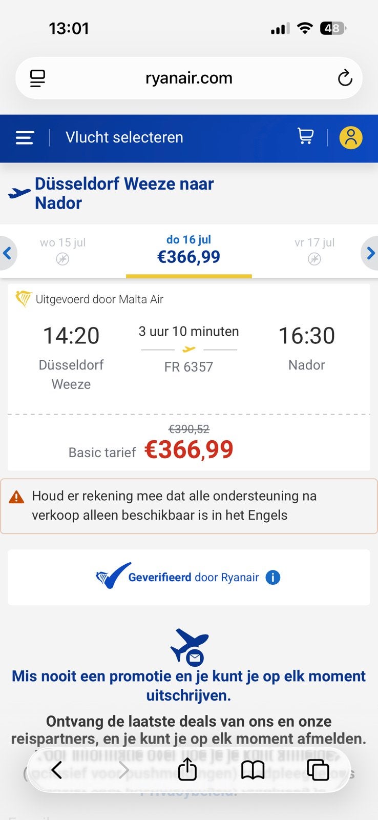 2x vliegticket (enkeltjes) Weeze—> Nador €215,-, Tickets en Kaartjes, Twee personen, Overige soorten