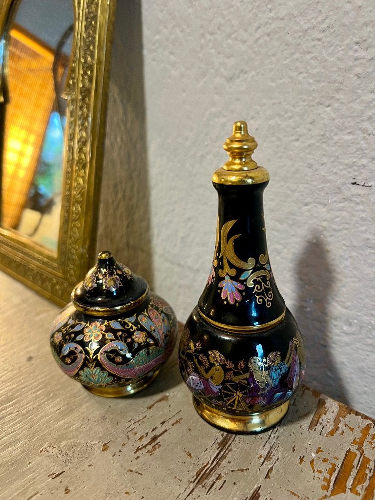 Vintage antieke porselein parfumflesjes set handbeschilderd, Verzamelen, Ophalen of Verzenden, Zo goed als nieuw, Parfumfles