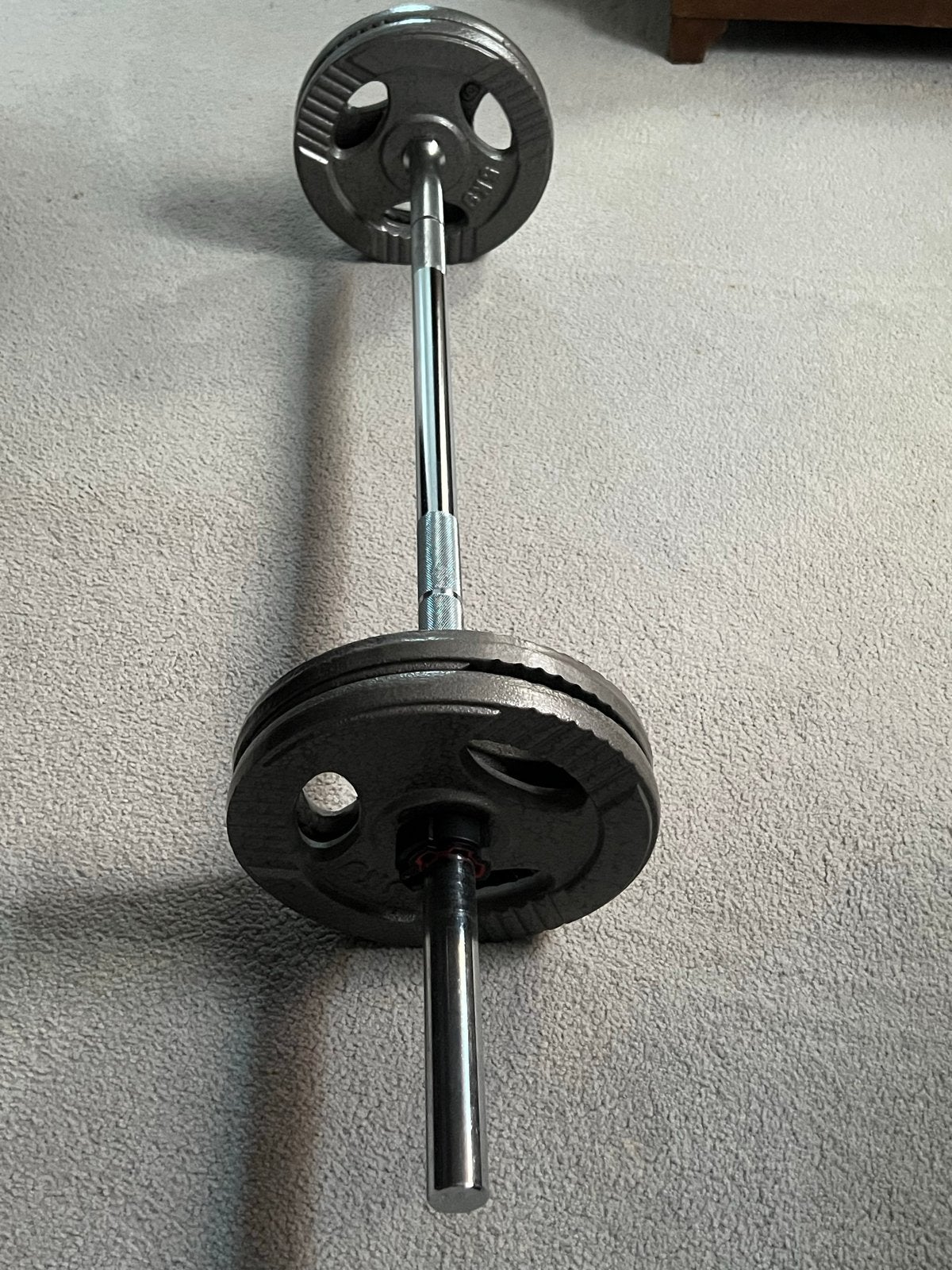 Halterstang met gietijzer schijven (4x 5kg), Ophalen, Gebruikt, Armen, Halterset