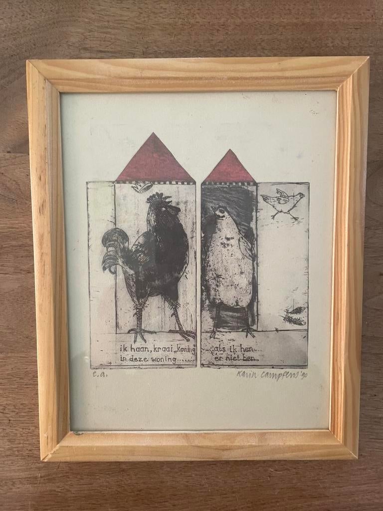 Karin Camfens litho haan en hen gesigneerd, Antiek en Kunst, Ophalen of Verzenden