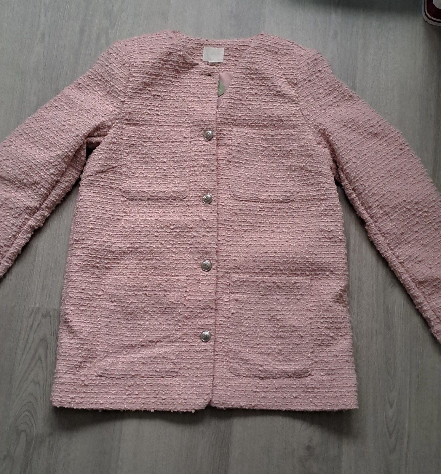 Roze Bouclé Kraagloze Blazer Maat M, Maat 38/40 (M), H&M, Nieuw, Ophalen of Verzenden