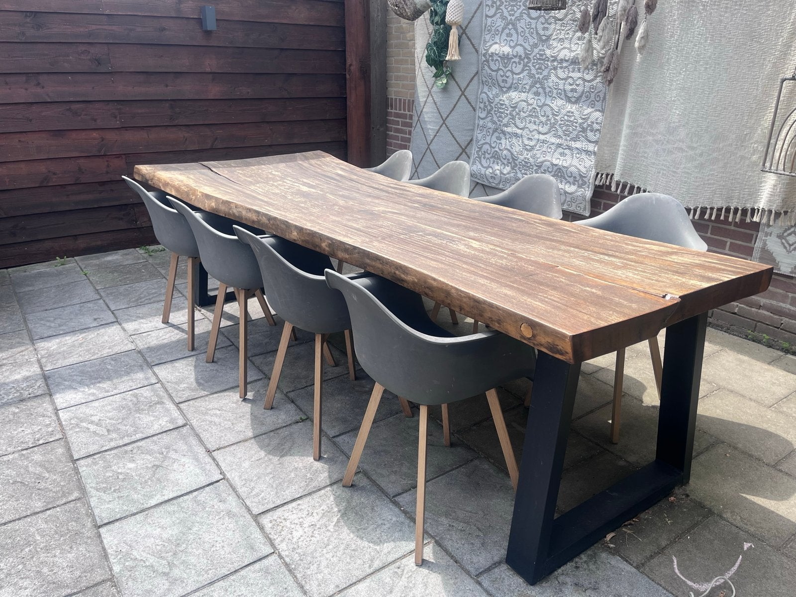 8x Kuipstoelen / Tuinstoelen - Grijs met Houten Poten, Tuin en Terras, Ophalen, Gebruikt, Kunststof